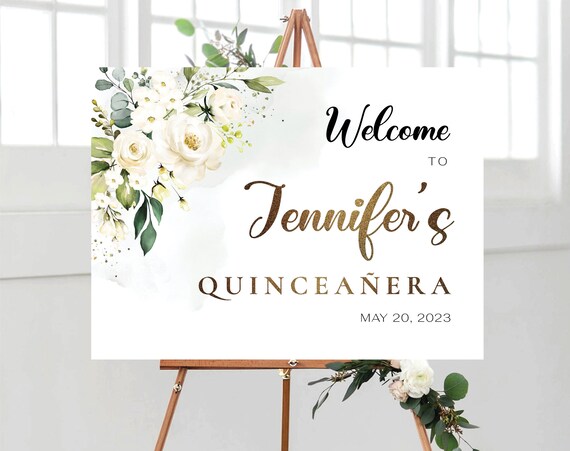 White roses Quinceañera Welcome Sign, Quinceanera Sign, Quinceanera Decorations, 15th Birthday Sign, Baby shower sign, Sweet 16 sign, WR4