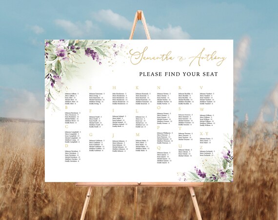 Greenery Purple Wedding seating chart, Green Lavender Wedding seating chart alphabetical, Lilac Floral Wedding seating chart table, GPU