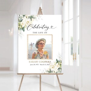 Letrero de bienvenida para funeral con rosas blancas, letrero de bienvenida conmemorativo, letrero de bienvenida para celebrar la vida, decoración funeraria, póster de celebración de la vida, WR3