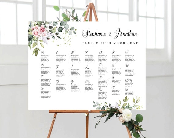 Blush Greenery Wedding seating chart, Wedding seating chart alphabetical, Wedding seating chart table, Greenery Wedding Seating Chart, BG1