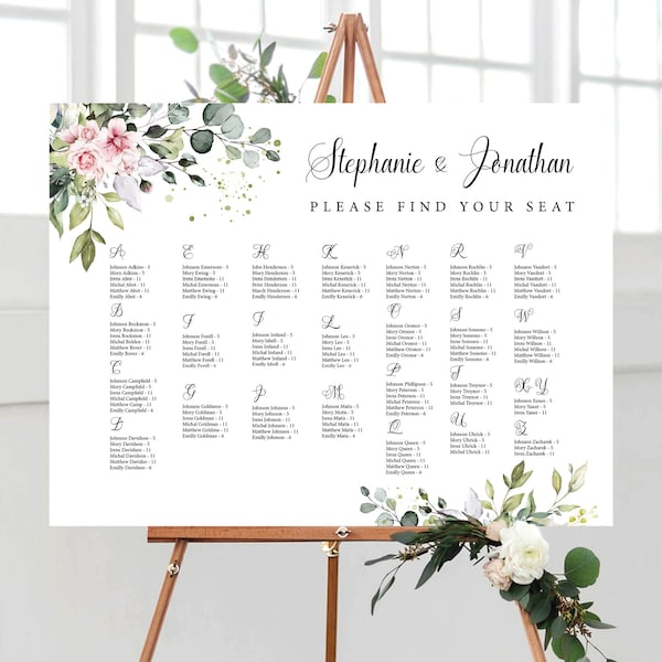 Blush Greenery Wedding seating chart, Wedding seating chart alphabetical, Wedding seating chart table, Greenery Wedding Seating Chart, BG1