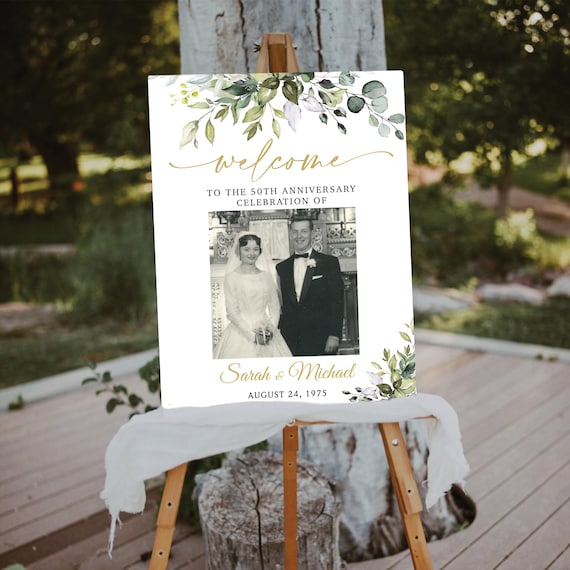Greenery 50th Wedding Anniversary Welcome Sign, Botanicals 50th Anniversary sign, Photo Wedding Anniversary, Celebrating 50 Years Decor, HB2