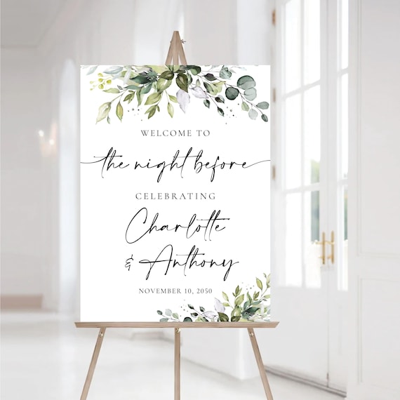 Greenery The night before Welcome Sign, Botanicals Wedding Rehearsal Dinner Decoration, Modern Photo Wedding Poster, Eucalyptus, Herbal, HB2
