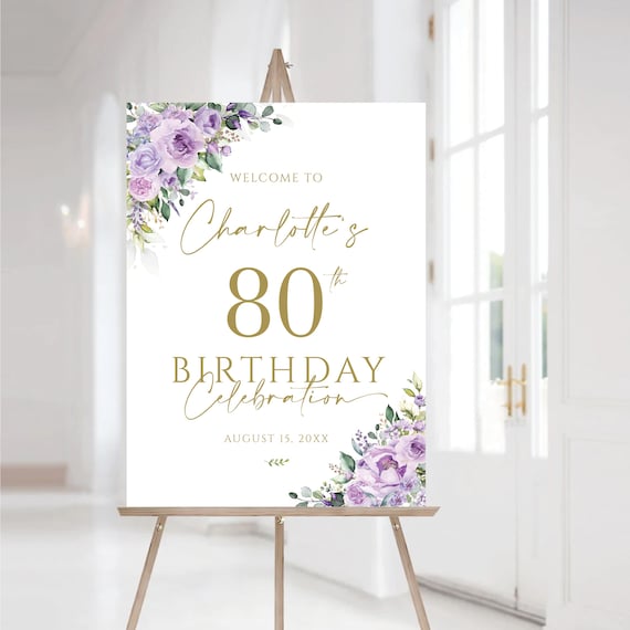 Purple Floral 80th Birthday Welcome Sign, Violet Flowers and Botanical, Celebration Decor (Digital Printable)