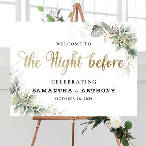 Vegetación La noche anterior al cartel de bienvenida, al cartel de un día de distancia, al cartel de ensayo de boda, a la decoración de la boda, al eucalipto, a las hierbas. Imprimible, HB3