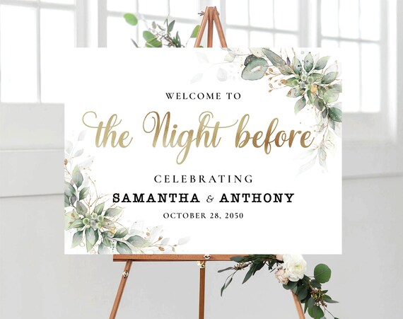 Greenery The night before Welcome Sign, One Day Away Sign, Wedding Rehearsal Sign, Wedding Decoration, Eucalyptus, Herbal. Printable, HB3
