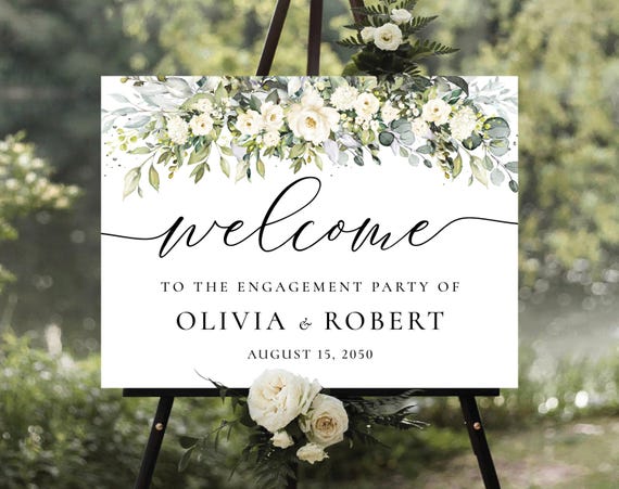 Floral Engagement Party Welcome Sign, White Flowers and Greenery (Digital Printable)