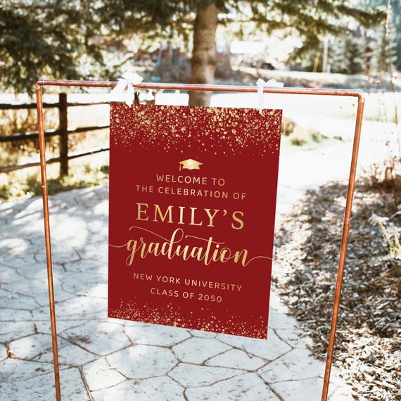 Red Golden Graduation Party Welcome Sign, Gold Glitter Graduation Decoration, Modern Graduation with photo Party Banner, Grad Party Poster