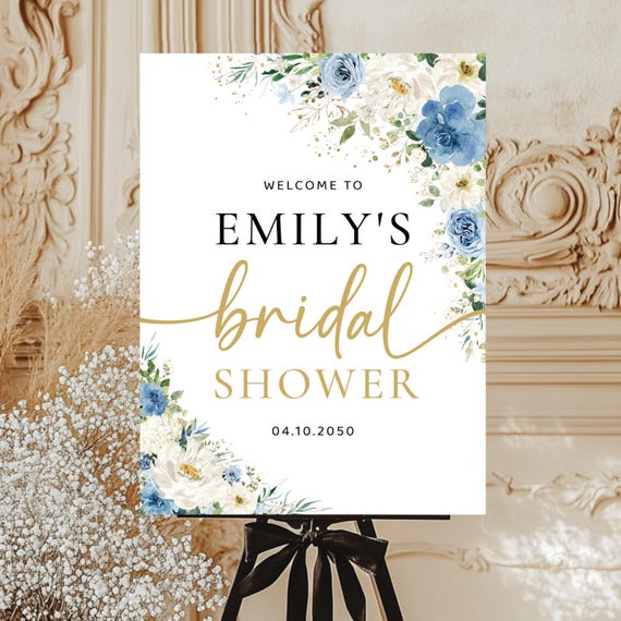 Dusty Blue Bridal Shower Welcome Sign, White Flowers, Green Leaves (Printed or Digital File)
