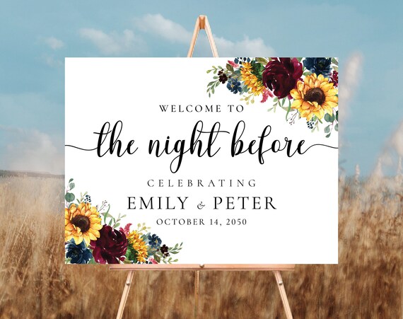 Burgundy Navy Sunflower Rehearsal Welcome Sign, Burgundy Navy Sunflower The night before Dinner, Floral Rehearsal Dinner Welcome Sign, BNS1