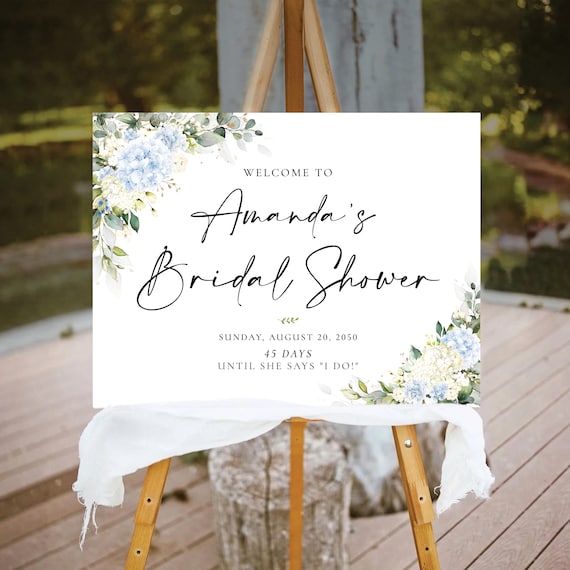 PRINTED OR DIGITAL Blue & White Hydrangea Bridal Shower Welcome Sign, Foam Board, Poster, Botanicals Wedding Shower Decor, Eucalyptus, BW1