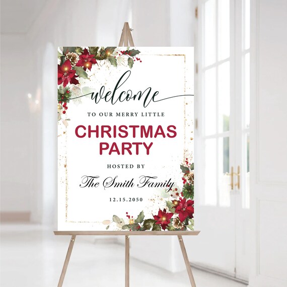 Red Poinsettia Christmas Party Welcome Sign, Holly Berries, Golden Frame (Digital Printable)