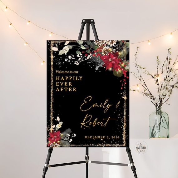 Christmas Wedding Welcome Sign Printable, Christmas Wedding Sign, Holiday Welcome Sign, Wedding welcome Sign, Poinsettia and Lights, CRM2