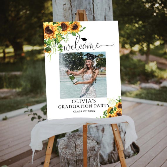Sunflower Graduation Party Welcome Sign, Sunflower Grad Party with photo Sign, Botanicals Graduation Decor, Graduation Sign, Eucalyptus, SF1
