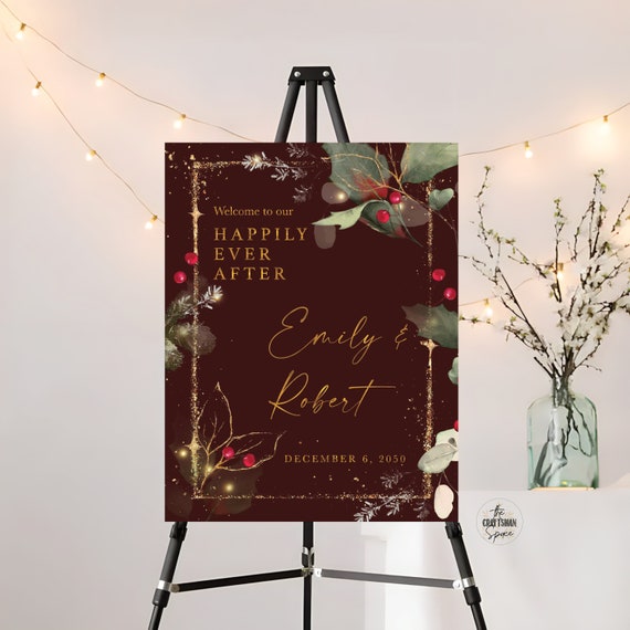 Christmas Wedding Welcome Sign Printable, Christmas Wedding Sign, Holiday Welcome Sign, Wedding welcome Sign, Poinsettia and Lights, CRM3