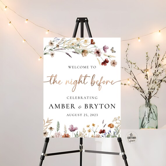 Tiny Floral The Night Before Welcome Sign, Best Day Ever Sign, Rehearsal Dinner Sign, Wildflowers Wedding Rehearsal Sign, Decorations, TIY