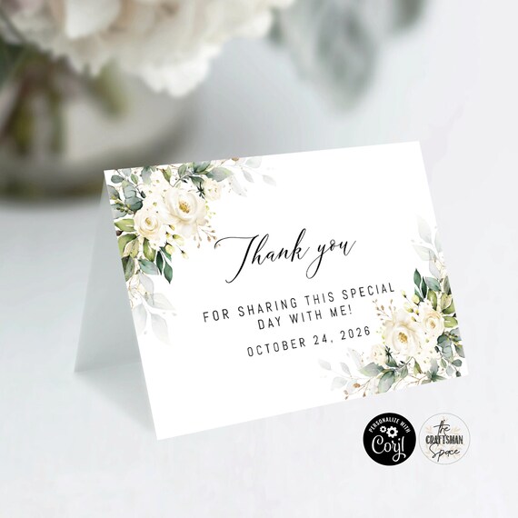 White roses Wedding Thank you Card, Folded Thank you Card, 100% Editable, Digital File, Corjl, White roses, WR3