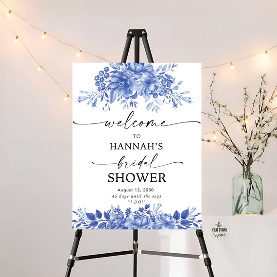 Blue Porcelain Bridal Shower Welcome Sign, Floral Chinoiserie Bridal Shower Sign, Bridal Brunch Sign, Watercolor Flower, Decorations, BP3