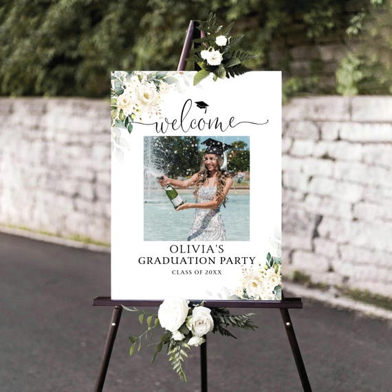White roses Graduation with photo Welcome Sign, Photo Graduation Poster, Botanicals Graduation Decor, Grad Party Decor, Eucalyptus, WR3