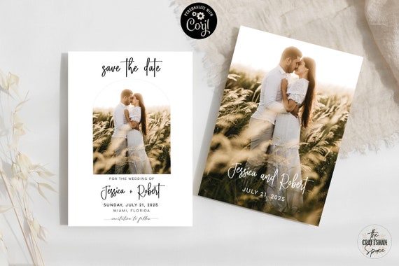 Boho Arch Save The Date Template with Photo, Minimalist Save The Date Digital Download, Modern Save The Date Template, Editable, Corjl, M2
