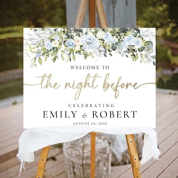 Floral Rehearsal Dinner Welcome Sign, Light Blue & White Flowers, Greenery Wedding Decor (Digital Printable)