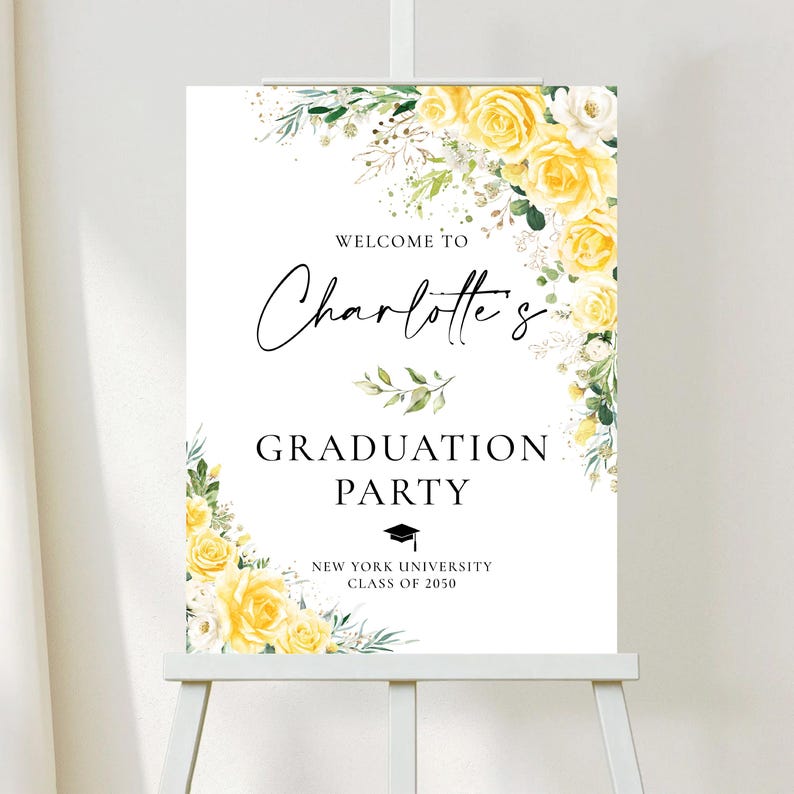 Floral Graduation Welcome Sign: Modern Yellow & White Decor (digital ...