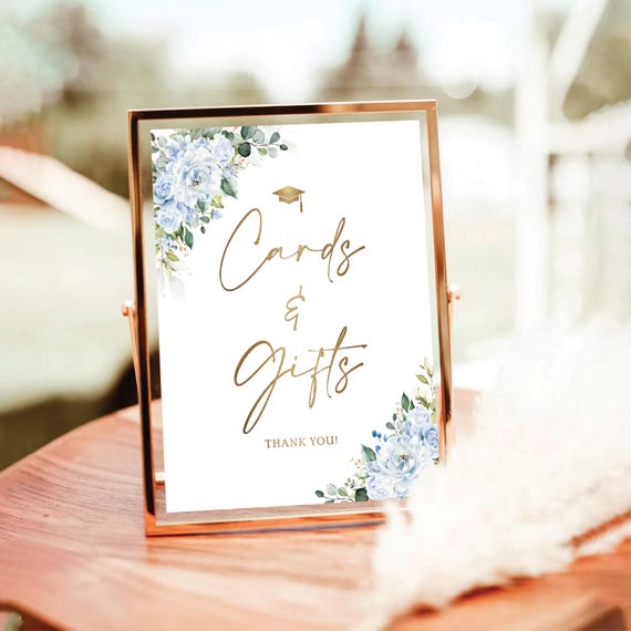 Blue Floral Cards and Gifts Sign, Elegant Graduation Party Decor (Digital Printable)