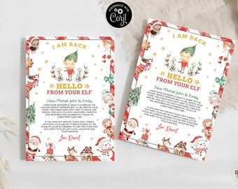 May include: A printable Christmas elf letter with a red and white striped border. The letter is addressed to Michel, John, and Emily and says "I am back from your elf." The letter is decorated with illustrations of elves, gingerbread men, candy canes, and other Christmas imagery.