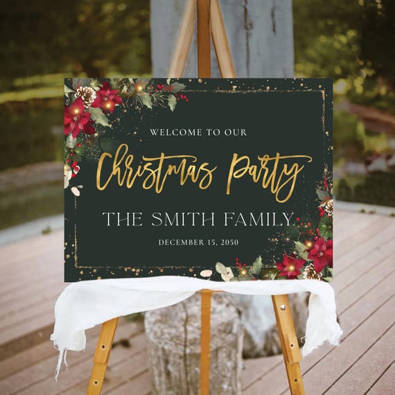 Christmas Party Welcome Sign, Christmas Welcome Poster, Printable Christmas Welcome Sign, Holiday Welcome Sign, Poinsettia and Lights, CRM6