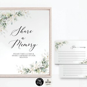 Greenery Funeral Share a Memory Sign & Cards, Share A Memory Set Template, Women, Obituary Template, Corjl, 100% Editable, HB3