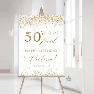 Letrero de bienvenida moderno para 50 años de amor, letrero dorado de feliz cumpleaños, letrero de 50 cumpleaños, decoración de feliz cumpleaños, cumpleaños minimalista