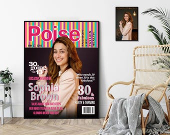 May include: A magazine cover with a pink and black striped background. The magazine is called "Poise" and features a woman with brown hair and a pink shirt. The headline reads "30. going on 13" and "Sophia Brown". The text below the headline says "Talks about how she keeps her inner teenager alive at 30. Glowing inside and out."