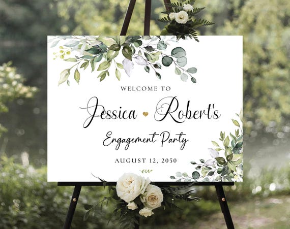 Engagement Welcome Sign, Greenery Welcome Sign, Printable Welcome to Our Engagement Sign, Botanical Engagement Party Signage, Digital File
