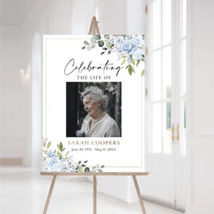 Blue Florals Funeral Welcome Sign, Greenery Memorial Welcome Poster, Printable Celebration of Life Sign, In Loving Memory, Digital File, LB3