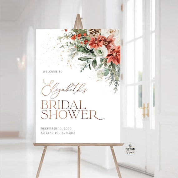 Winter Bridal Shower Sign, Christmas wedding decor, Boho red floral greenery pinecone Bridal, Winter Bridal Shower sign, Poinsettia, GP1