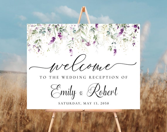 Greenery Purple Wedding Welcome Sign, Green Lavender Wedding Ceremony Sign, Lilac Floral Wedding signs, Wedding Decorations, Poster, GPU