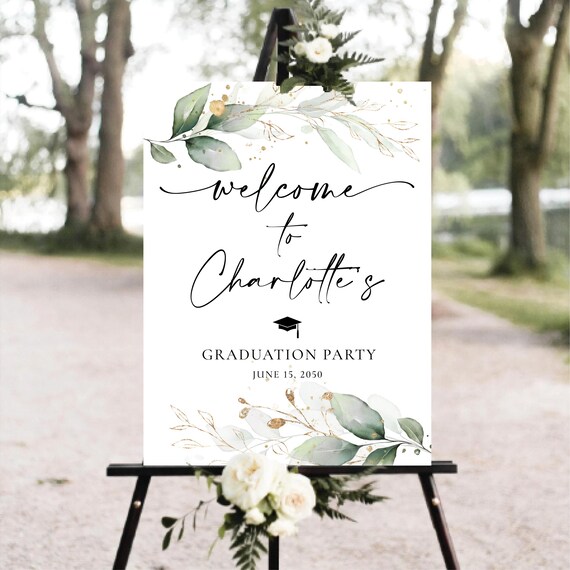 Greenery Graduation Party Welcome Sign, Botanicals Grad Party Sign, Herbal Graduation Decorations, Rustic Graduation Banner, Eucalyptus