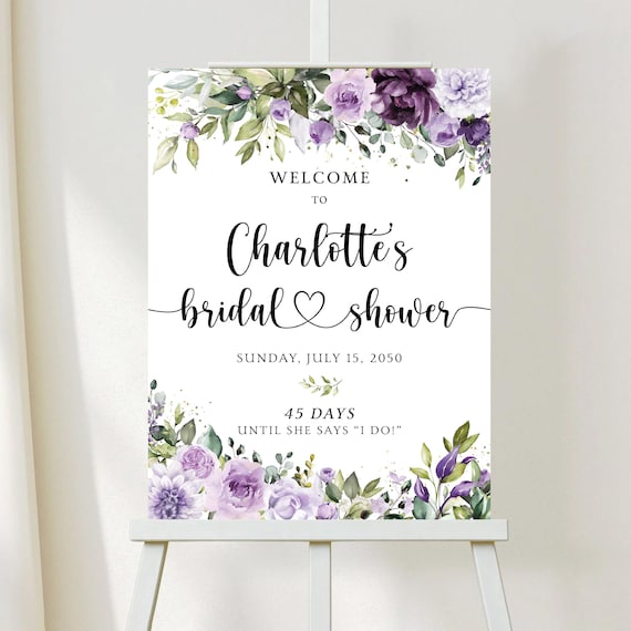 Purple Floral Bridal Shower Welcome Sign: Violet Flowers (Digital File, PF1)