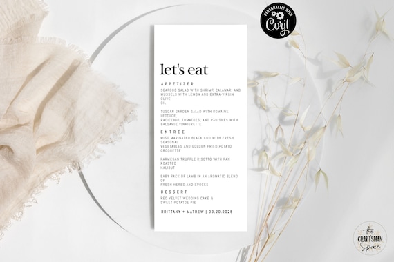 Minimalist Menu Template, Modern Wedding Menu, Minimal Wedding, Wedding Table Decor, Editable, Corjl