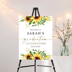 Sunflower Graduation Party Welcome Sign, Digital File, Grad Party Sign, Graduation Decorations, Graduation Banner, Sunflower, Eucalyptus