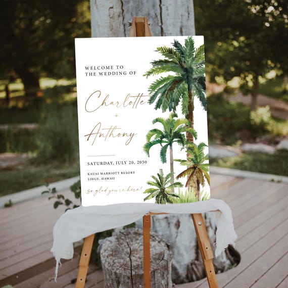 Palm Tree Wedding Welcome Sign, Tropical Sage Wedding Decor Sign, Boho Green Destination Beach Large Sign, Destination Wedding Summer, PT1