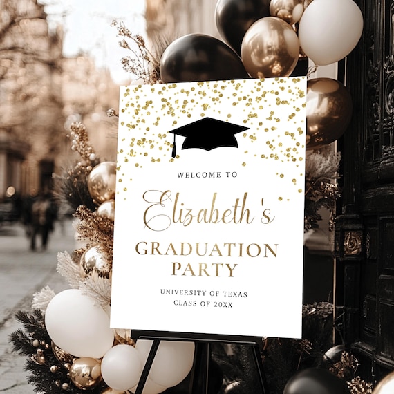 Elegant Graduation Party Welcome Sign, Modern Grad Celebration Decor, Gold Confetti (Digital Printable)