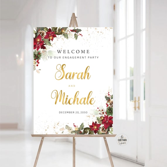 Christmas Engagement Party Welcome Sign, Engagement Party Sign, We are Engaged Sign, Holiday Welcome Sign, Poinsettia and Lights, CRM6