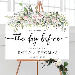 Greenery with blush pink The day before Welcome Sign, Rehearsal Dinner Sign, Wedding Rehearsal Sign, Wedding Welcome Sign, Poster, BG2