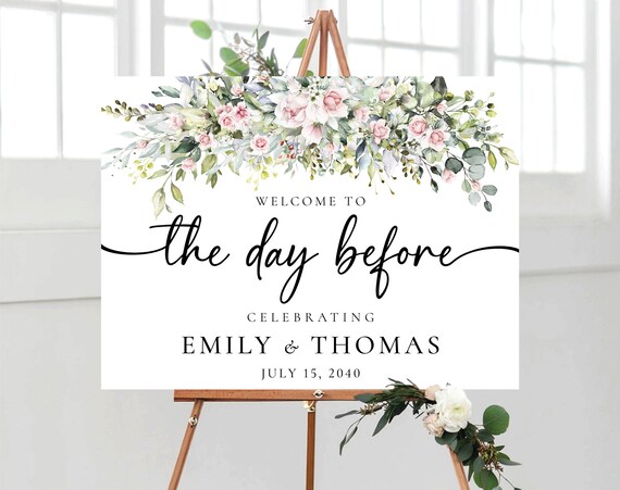 Greenery with blush pink The day before Welcome Sign, Rehearsal Dinner Sign, Wedding Rehearsal Sign, Wedding Welcome Sign, Poster, BG2
