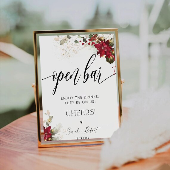 Christmas Open Bar Sign, Red Poinsettia Alcohol Drink Bar (Digital Printable)