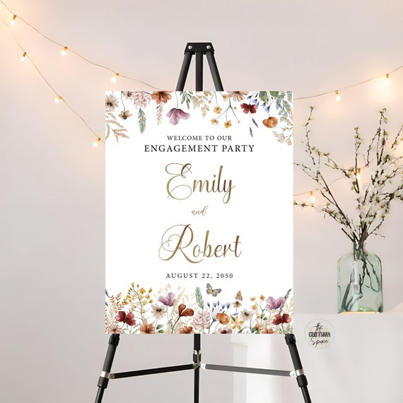 Tiny Floral We are engaged Welcome Sign, Wildflowers Engagement Party Sign, Engagement Party Decorations, Wedding Welcome Sign, Poster, TIY
