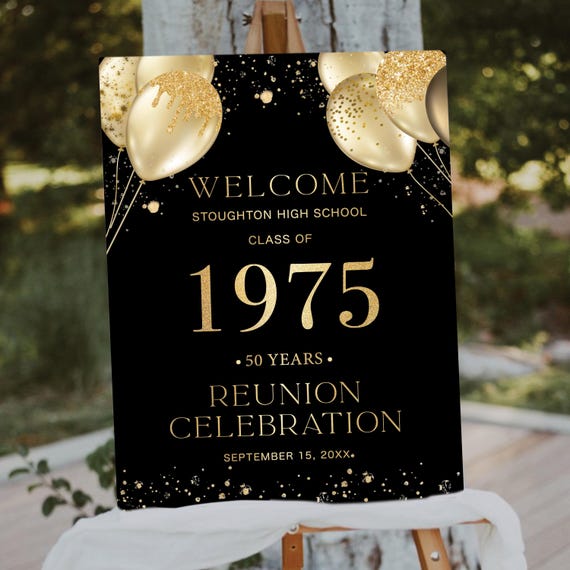 Black and Gold Class Reunion Welcome Sign, Balloons and Confetti, Modern Decor (Digital Printable)