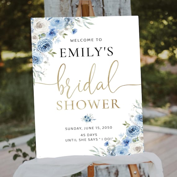 Blue Floral Bridal Shower Welcome Sign, Boho Decor, Faux Gold (Printed or Digital File)