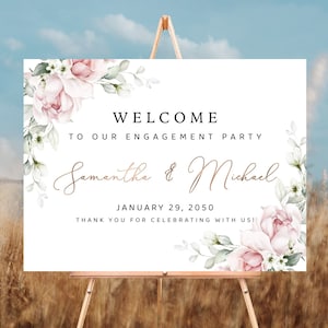 Blush pink roses Engagement party Welcome Sign, Greenery Engagement Party Decor, We are engaged, Bohemian, Eucalyptus, Decoration, A2